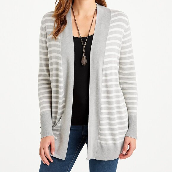 White House Black Market XL Gray White Striped Open Front Cardigan Rayon Sweater - Picture 2 of 16